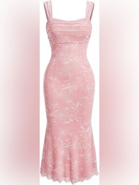 Fitted Pink Floral Midi Dress with Square Neck